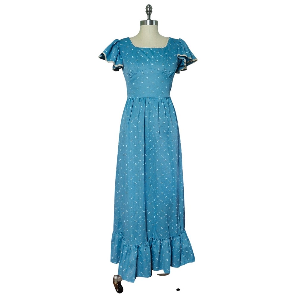 Vintage 70s Prairie Maxi Dress Floral Cottagecore 9 Victorian Revival Robins Egg - Picture 1 of 11
